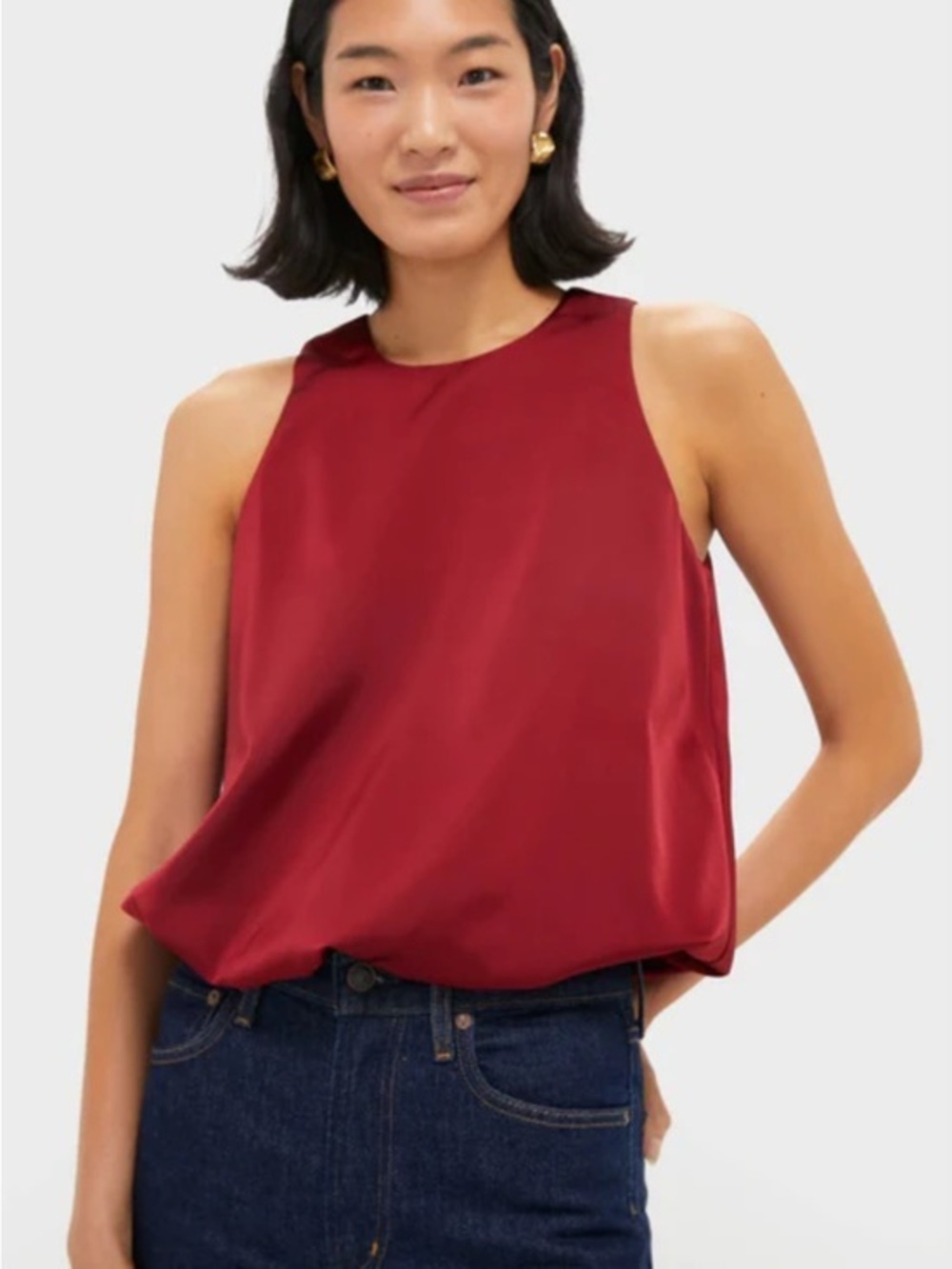 POMANDER PLACE|TUCKERNUCK Red Satin Bubble Hem Blouse, Extra Small.